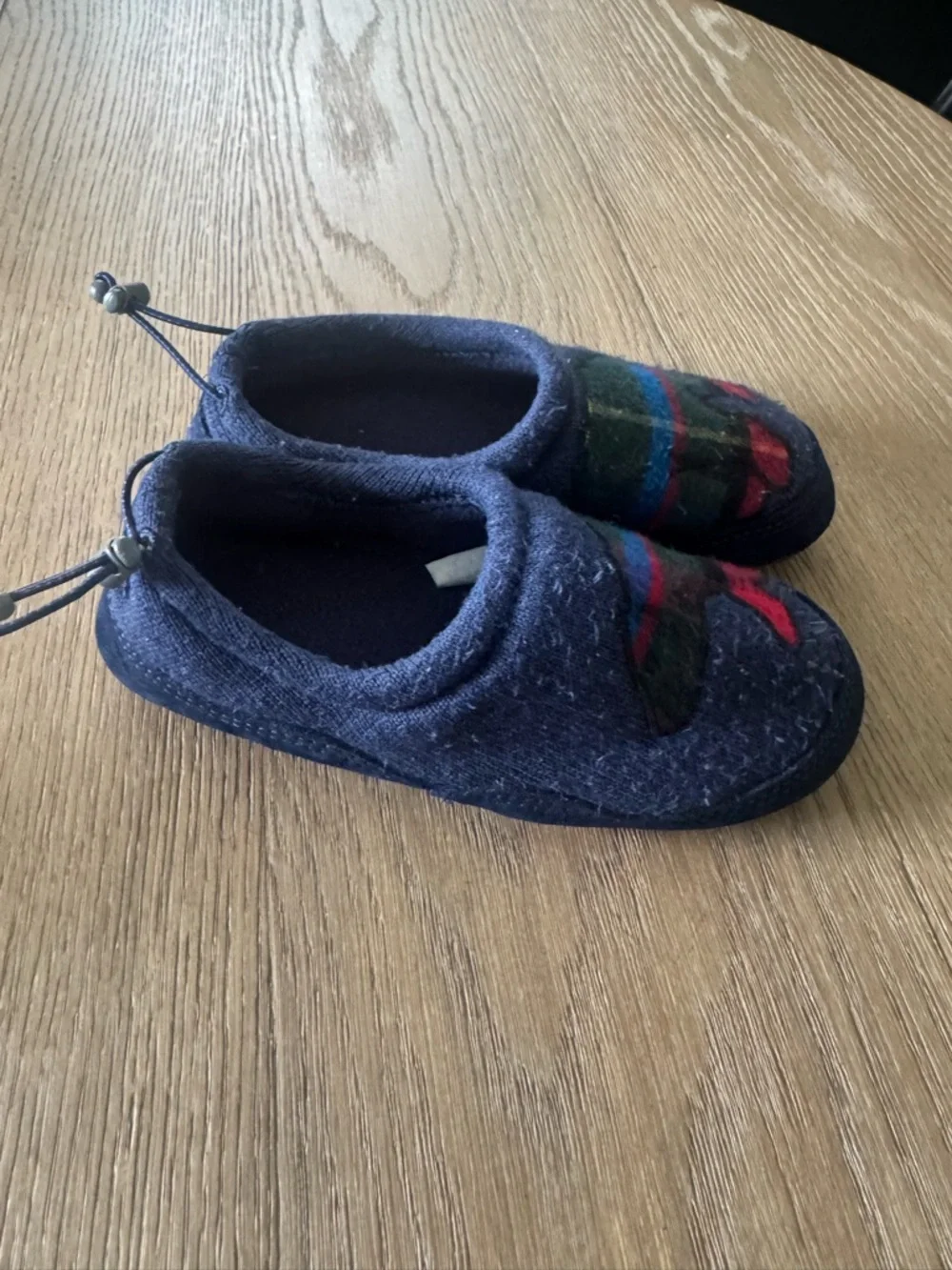 Kids Navy Blue Plush Slip-On Shoes with Plaid Bear Accent
